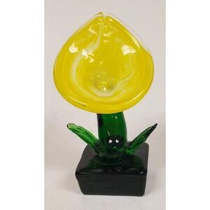 Vintage DECO Bohemia Czech Art Glass Yellow Tulip Flower Sculpture